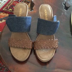 Brown leather and denim slides